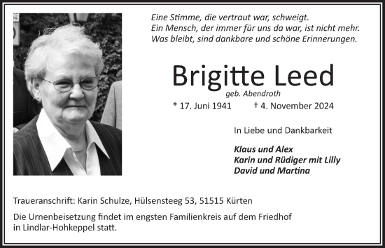 Anzeige von Brigitte Leed von  Bergisches Handelsblatt 