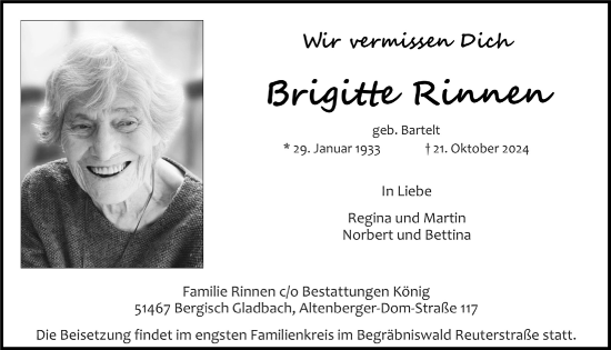 Anzeige von Brigitte Rinnen von  Bergisches Handelsblatt 