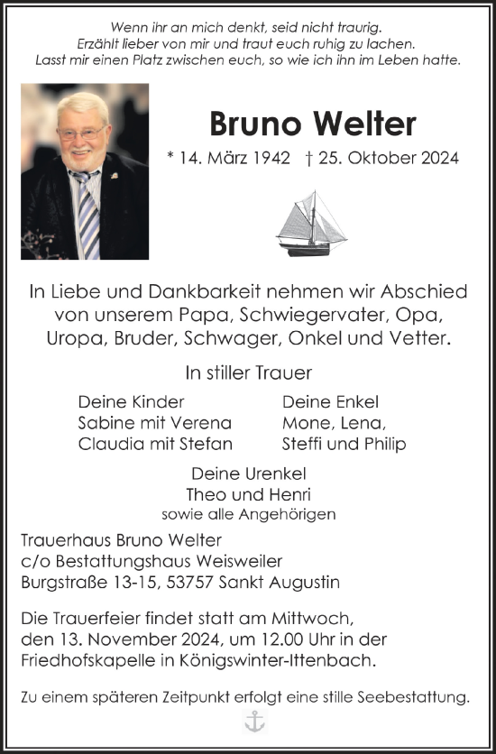 Anzeige von Bruno Welter von  Extra Blatt 
