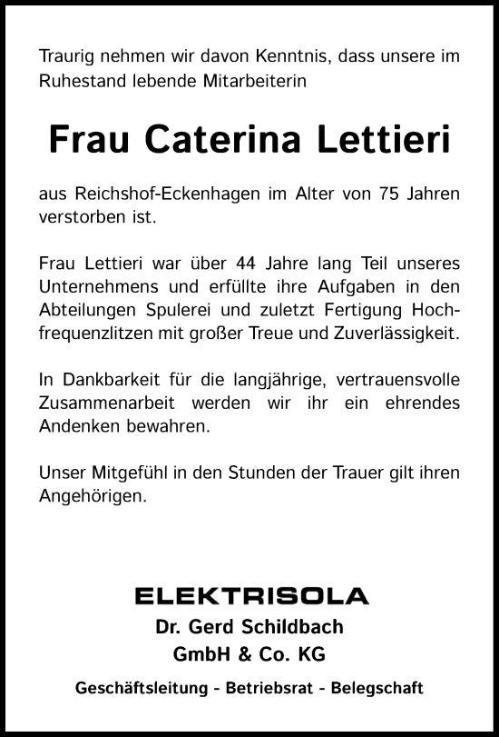 Anzeige von Caterina Lettieri von Kölner Stadt-Anzeiger / Kölnische Rundschau / Express