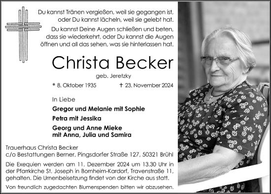 Anzeige von Christa Becker von  Schaufenster/Blickpunkt  Schlossbote/Werbekurier 