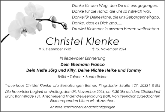 Anzeige von Christel Klenke von  Schlossbote/Werbekurier 