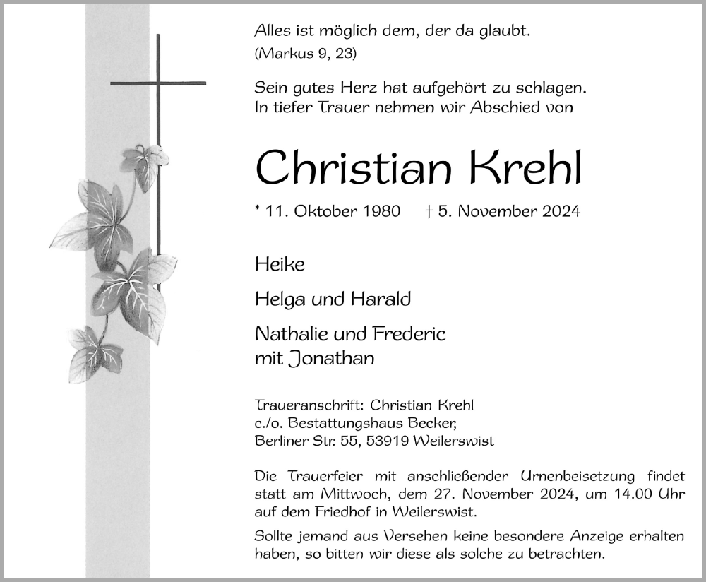  Traueranzeige für Christian Krehl vom 16.11.2024 aus  Blickpunkt Euskirchen 