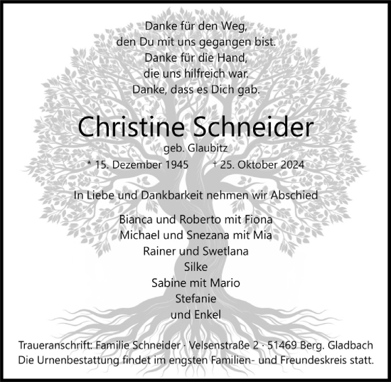 Anzeige von Christine Schneider von  Bergisches Handelsblatt 