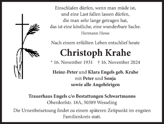 Anzeige von Christoph Krahe von  Schlossbote/Werbekurier 