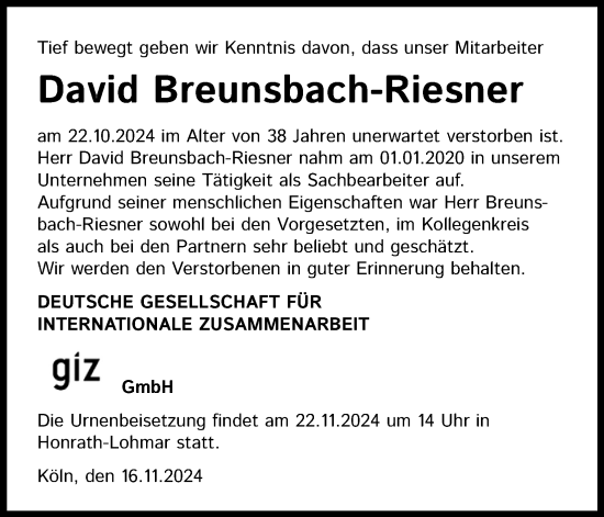 Anzeige von David Breunsbach-Riesner von Kölner Stadt-Anzeiger / Kölnische Rundschau / Express