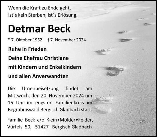 Anzeige von Detmar Beck von  Bergisches Handelsblatt 