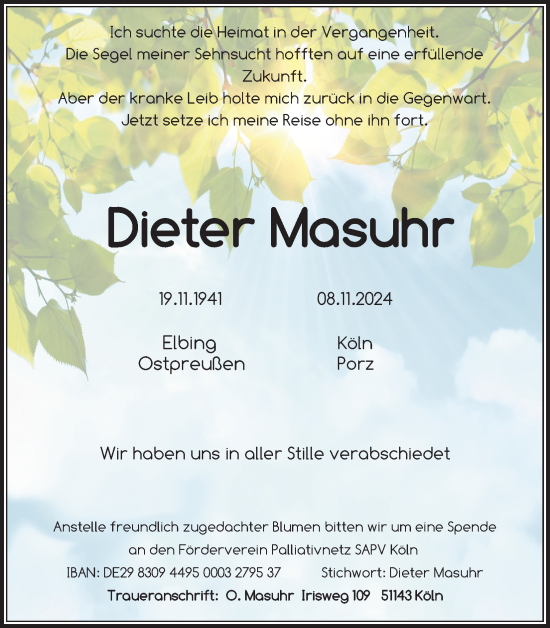 Anzeige von Dieter Masuhr von Kölner Stadt-Anzeiger / Kölnische Rundschau / Express