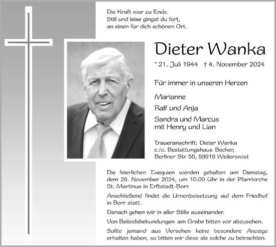 Anzeige von Dieter Wanka von  Werbepost 