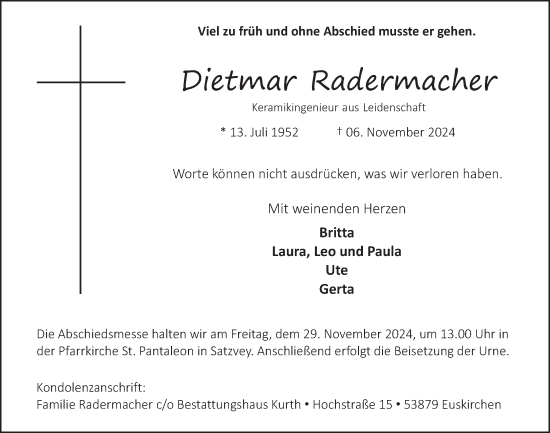 Anzeige von Dietmar Radermacher von  Blickpunkt Euskirchen 