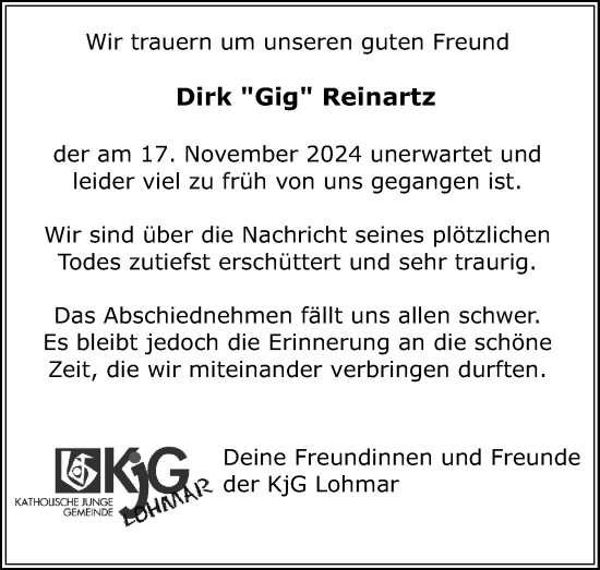 Anzeige von Dirk Reinartz von Kölner Stadt-Anzeiger / Kölnische Rundschau / Express