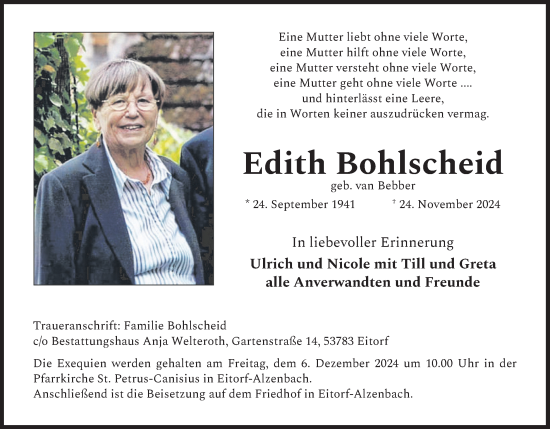 Anzeige von Edith Bohlscheid von Kölner Stadt-Anzeiger / Kölnische Rundschau / Express