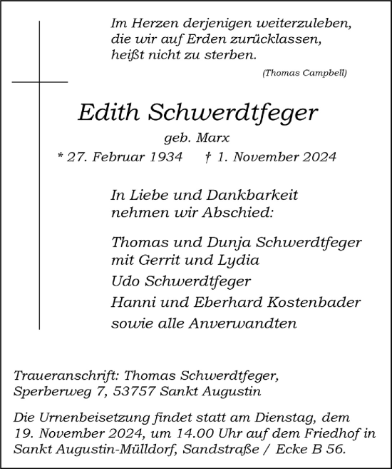 Anzeige von Edith Schwerdtfeger von  Extra Blatt 