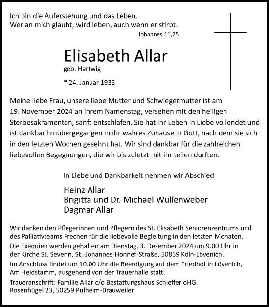 Anzeige von Elisabeth Allar von Kölner Stadt-Anzeiger / Kölnische Rundschau / Express