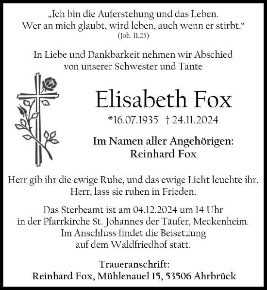 Anzeige von Elisabeth Fox von  Schaufenster/Blickpunkt 
