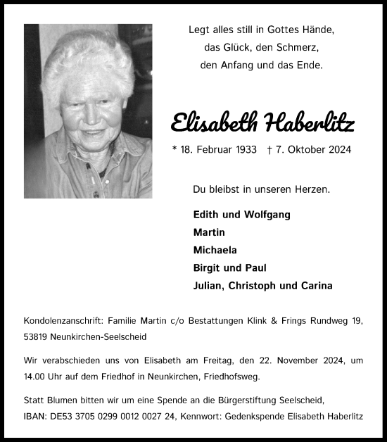 Anzeige von Elisabeth Haberlitz von Kölner Stadt-Anzeiger / Kölnische Rundschau / Express