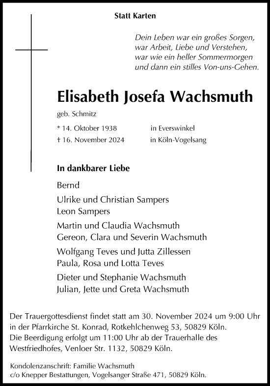 Anzeige von Elisabeth Josefa Wachsmuth von Kölner Stadt-Anzeiger / Kölnische Rundschau / Express