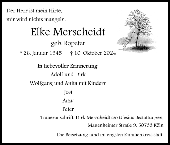 Anzeige von Elke Merscheidt von Kölner Stadt-Anzeiger / Kölnische Rundschau / Express