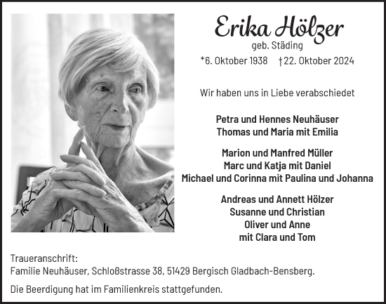 Anzeige von Erika Hölzer von  Bergisches Handelsblatt 
