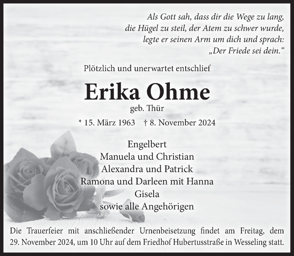 Traueranzeige für Erika Ohme vom 22.11.2024 aus  Schlossbote/Werbekurier 