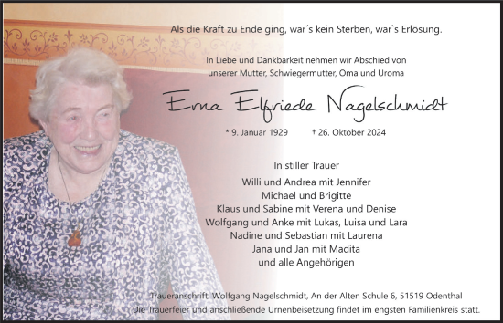 Anzeige von Erna Nagelschmidt von  Bergisches Handelsblatt 