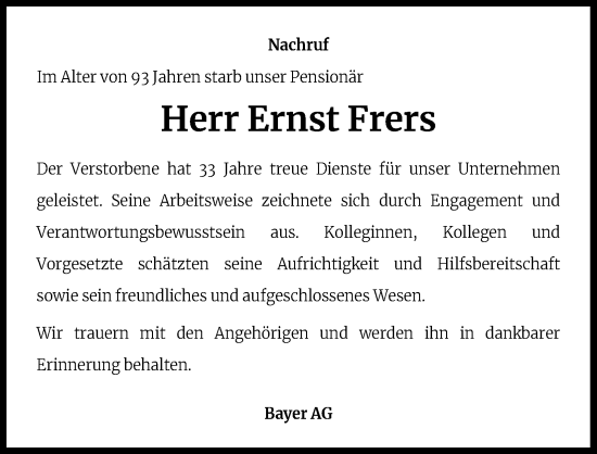 Anzeige von Ernst Frers von Kölner Stadt-Anzeiger / Kölnische Rundschau / Express