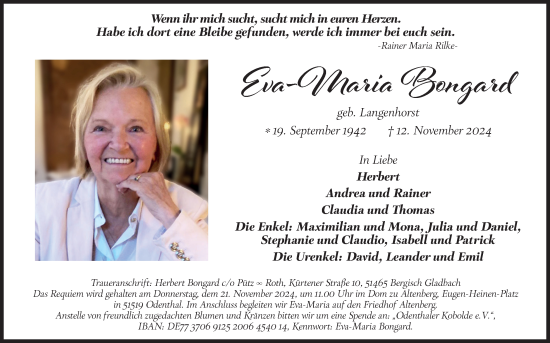 Anzeige von Eva-Maria Bongard von Kölner Stadt-Anzeiger / Kölnische Rundschau / Express