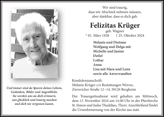 Anzeige von Felizitas Krüger von  Werbepost 