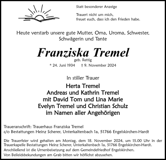 Anzeige von Franziska Tremel von  Anzeigen Echo 