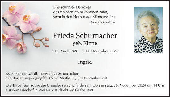 Anzeige von Frieda Schumacher von  Blickpunkt Euskirchen 