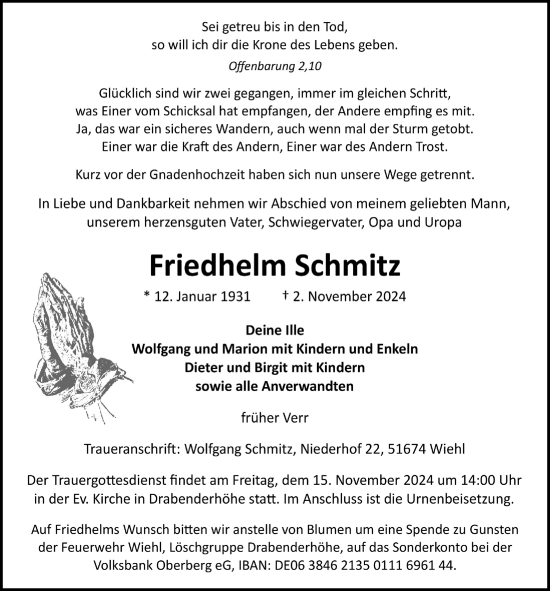 Anzeige von Friedhelm Schmitz von  Anzeigen Echo 