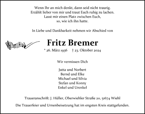 Anzeige von Fritz Bremer von  Anzeigen Echo 