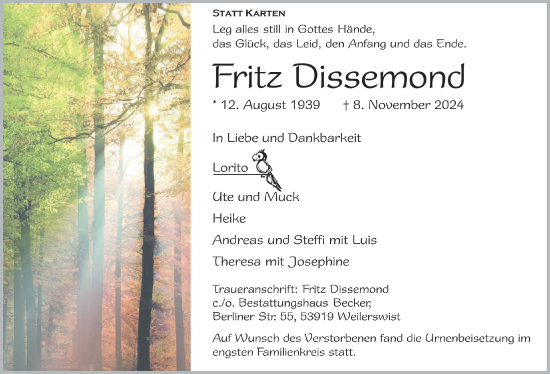 Anzeige von Fritz Dissemond von  Blickpunkt Euskirchen 