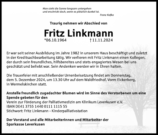 Anzeige von Fritz Linkmann von Kölner Stadt-Anzeiger / Kölnische Rundschau / Express