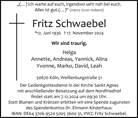 Anzeige von Fritz Schwaebel von Kölner Stadt-Anzeiger / Kölnische Rundschau / Express