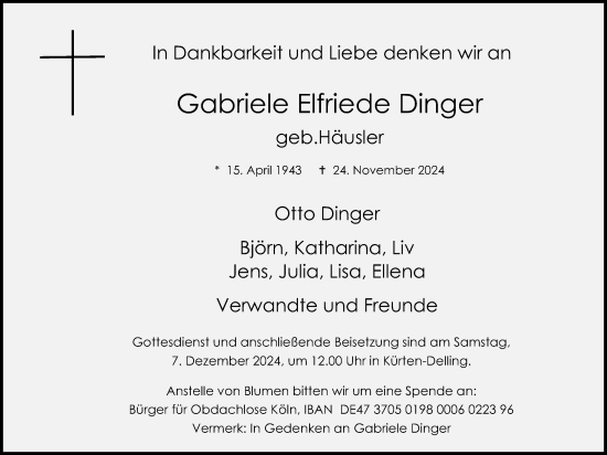 Anzeige von Gabriele Elfriede Dinger von Kölner Stadt-Anzeiger / Kölnische Rundschau / Express