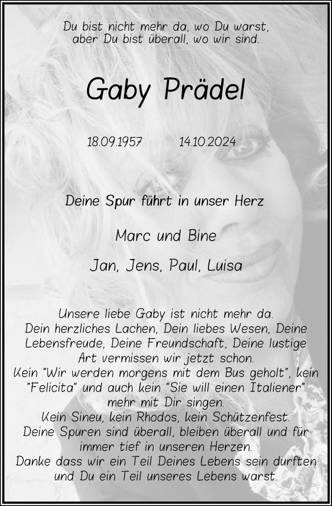  Traueranzeige für Gaby Prädel vom 02.11.2024 aus Kölner Stadt-Anzeiger / Kölnische Rundschau / Express