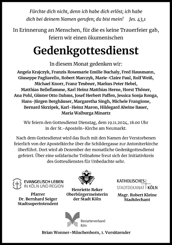 Anzeige von Gedenkgottesdienst  von Kölner Stadt-Anzeiger / Kölnische Rundschau / Express
