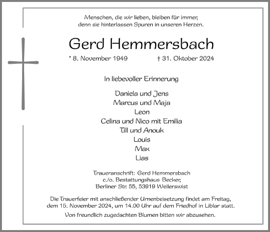 Anzeige von Gerd Hemmersbach von  Werbepost 
