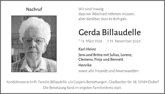 Anzeige von Gerda Billaudelle von  Werbepost 