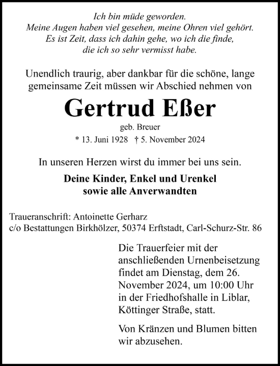 Anzeige von Gertrud Eßer von  Werbepost 