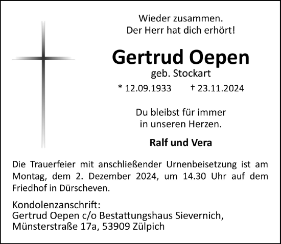 Anzeige von Gertrud Oepen von  Blickpunkt Euskirchen 