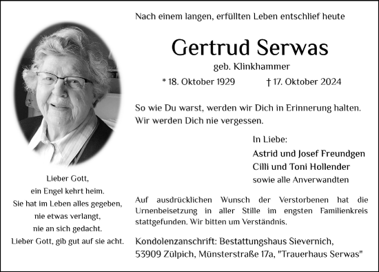 Anzeige von Gertrud Serwas von  Blickpunkt Euskirchen 