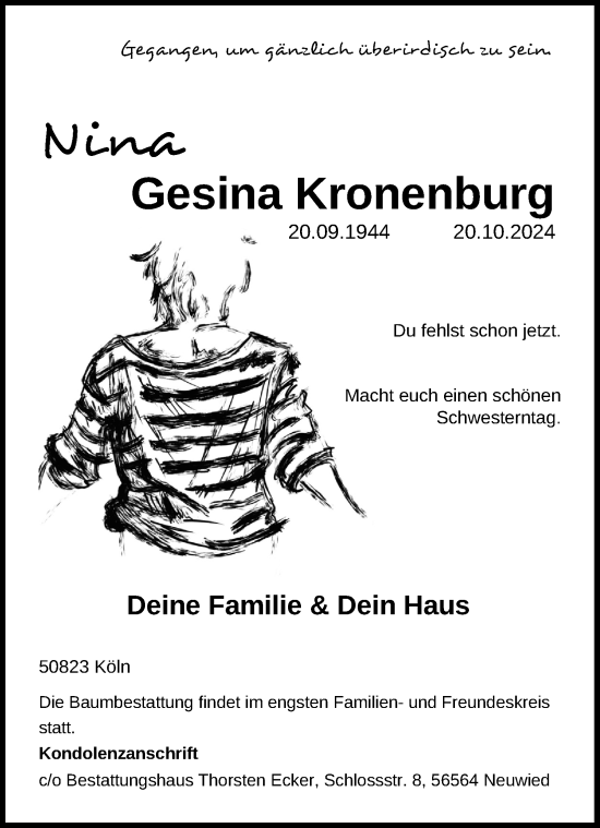 Anzeige von Gesina Kronenburg von Kölner Stadt-Anzeiger / Kölnische Rundschau / Express