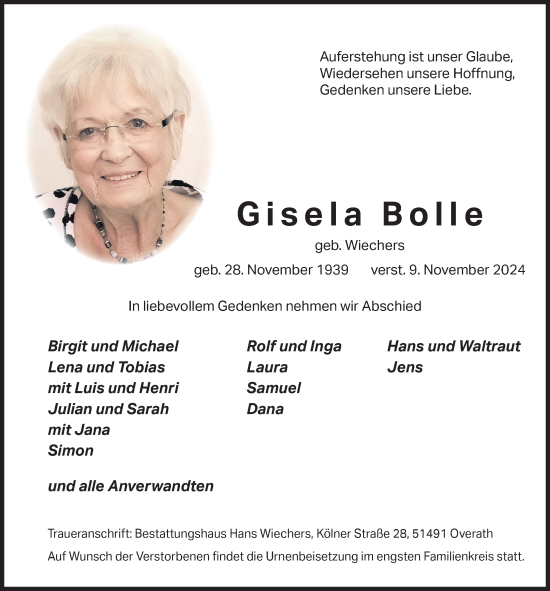 Anzeige von Gisela Bolle von  Bergisches Handelsblatt 