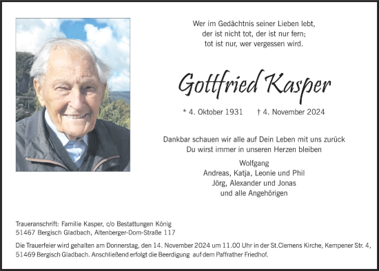 Anzeige von Gottfried Kasper von  Bergisches Handelsblatt 