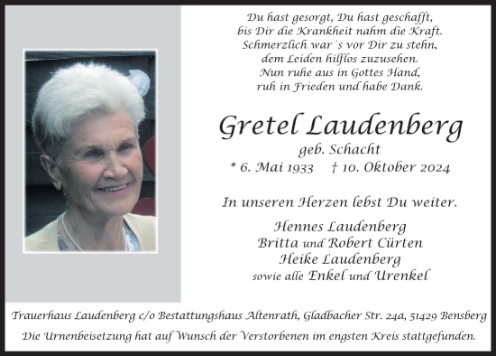 Anzeige von Gretel Laudenberg von  Bergisches Handelsblatt 