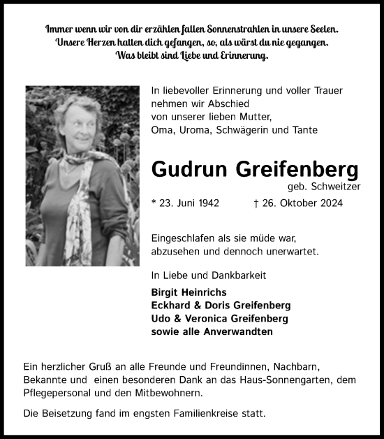 Anzeige von Gudrun Greifenberg von Kölner Stadt-Anzeiger / Kölnische Rundschau / Express