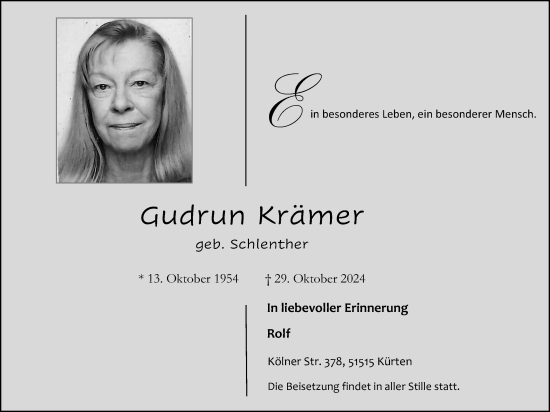 Anzeige von Gudrun Krämer von Kölner Stadt-Anzeiger / Kölnische Rundschau / Express