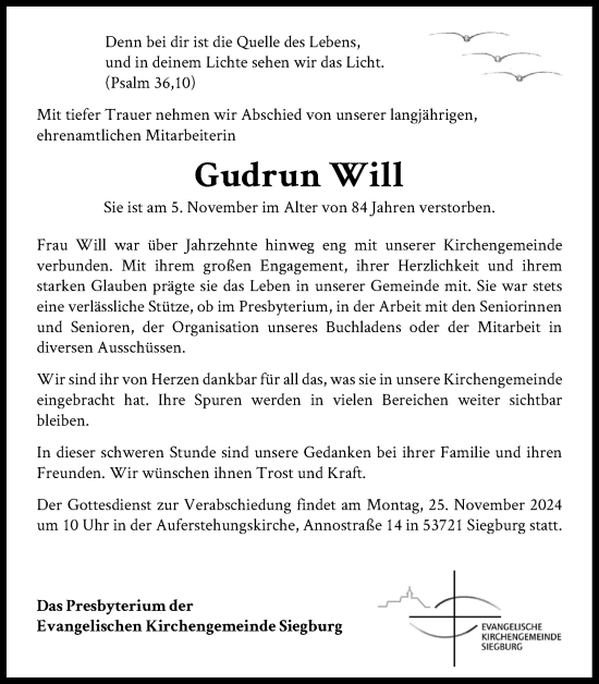 Anzeige von GudrunWill Will von Kölner Stadt-Anzeiger / Kölnische Rundschau / Express